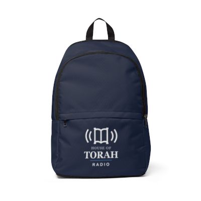 Navy House of Torah Radio fabric backpack with a white logo on the front pocket