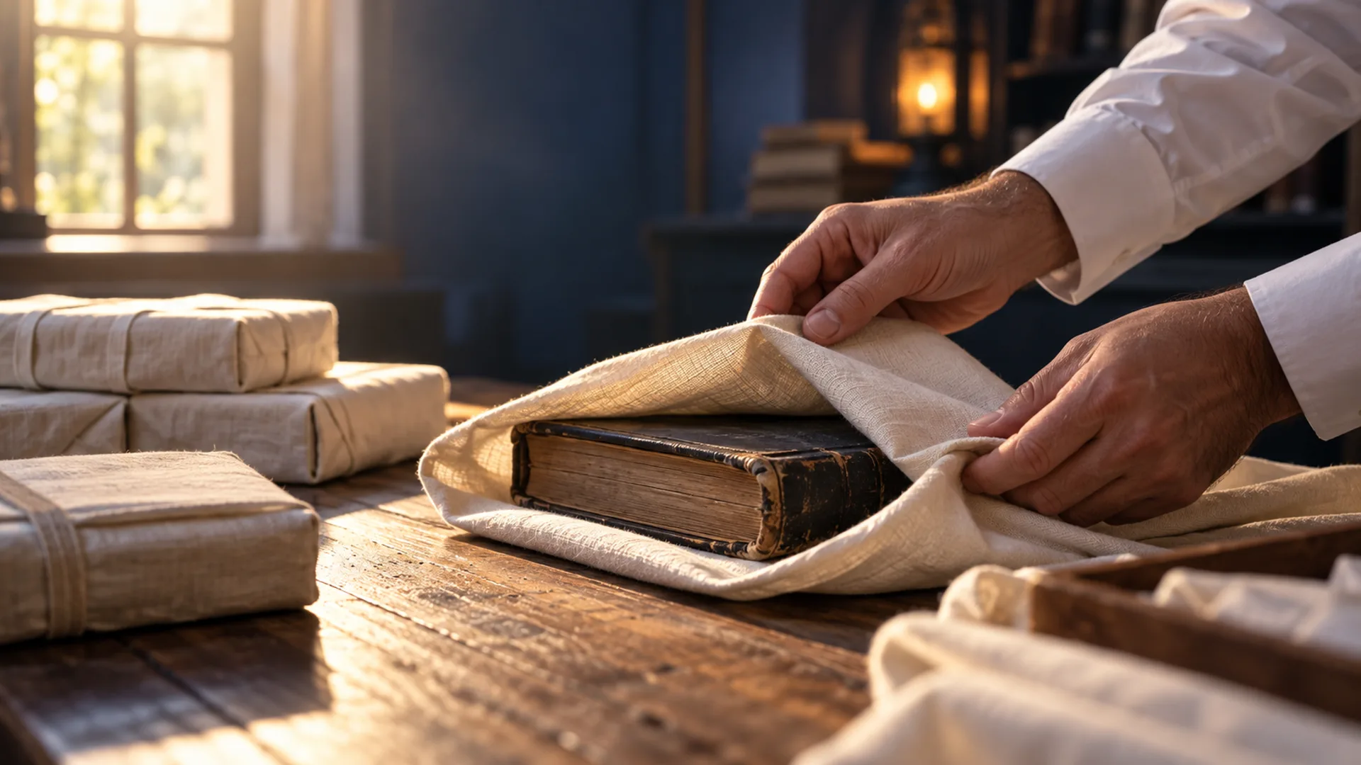 Illustration of a man carefully wrapping a worn sefer