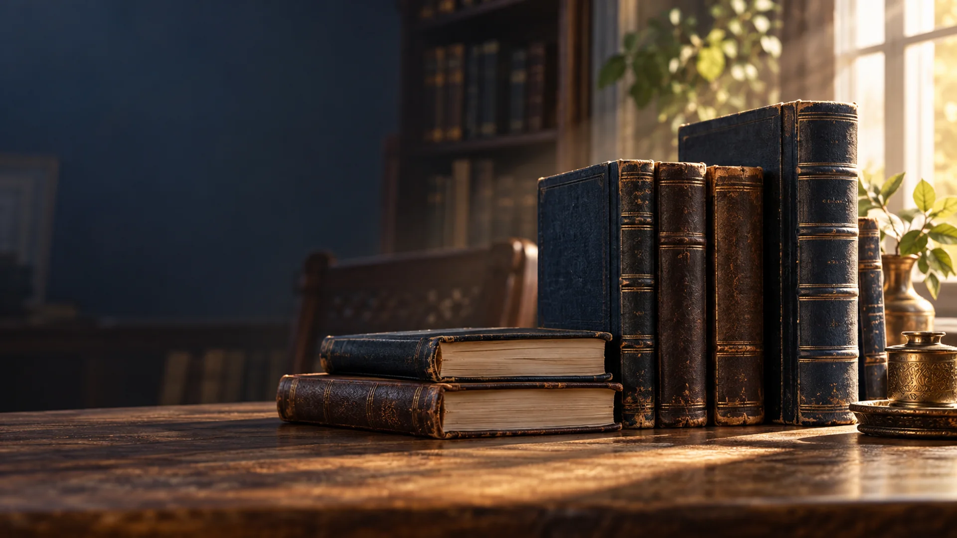 Illustration of well-loved sefarim in warm light